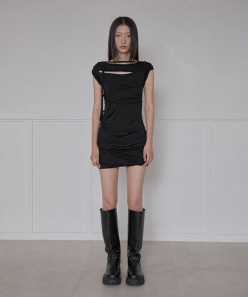 Asymmetrical Draped Strap Roll-Up Dress